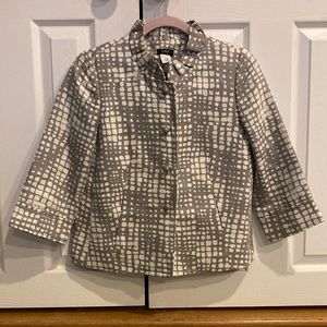 Lovely jacket by J Crew. Size 0. Gray geometric print. Pockets. Lovely lining.